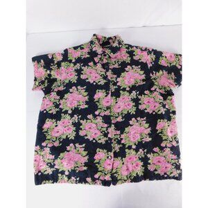 Fashion Bug Button-Up Womens 18/20 Black Floral Short Sleeve Collared Top